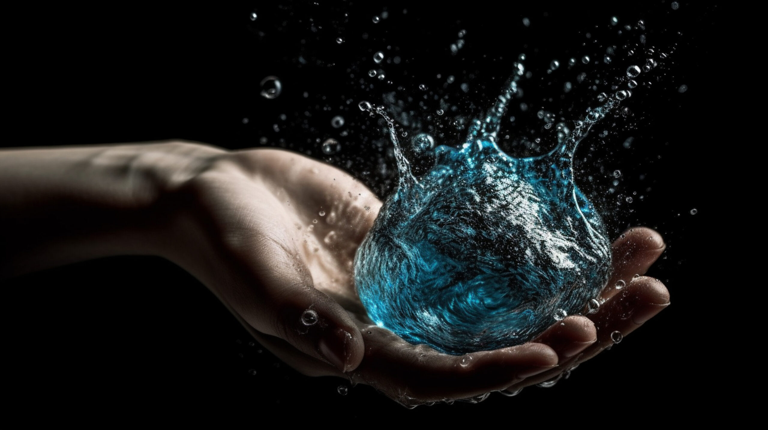 close up view of human hands with water splashes on black backgr
